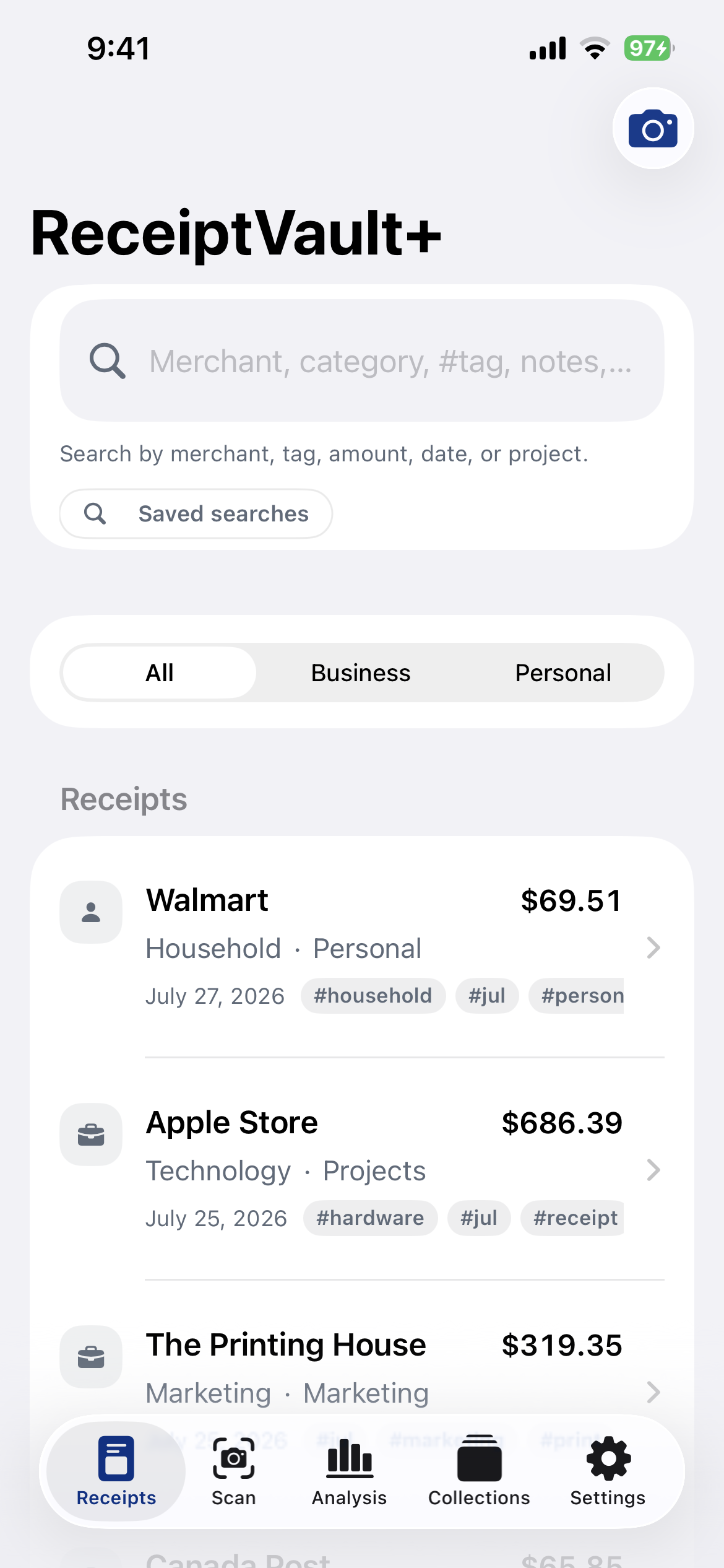 Receipt Vault Plus app showing organized purchase records